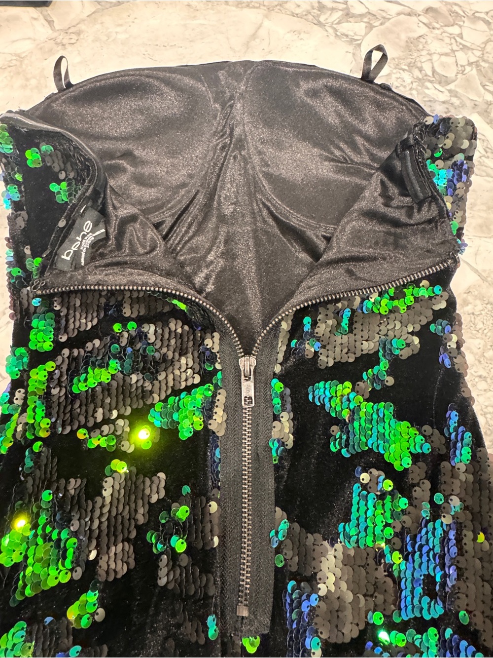 bebe Black Sequin Strapless Dress with Green & Blue Iridescent Accents - Picture 4 of 5